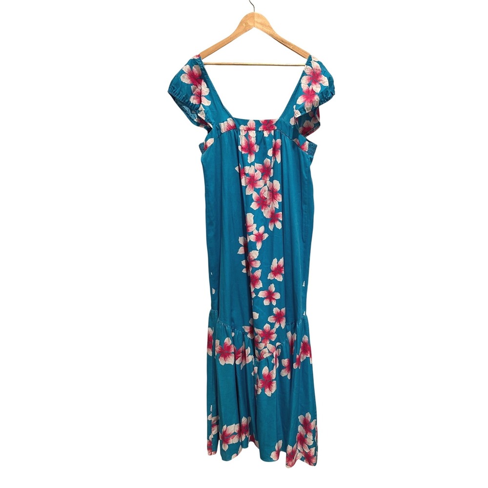 Vintage Young Hawaii Blue Hibiscus Floral Maxi Dress Large Hawaiian Tropical 70s